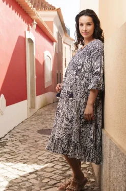 Aksharay Frill Sleeve Pleat Dress|Orientique Outlet