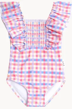 Girls Rainbow Check Shirred Frill One Piece|Huxbaby Best