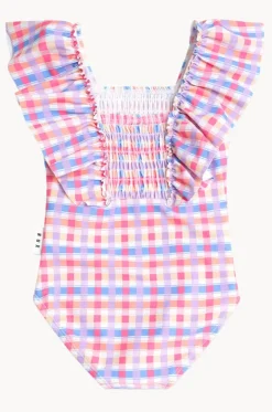 Girls Rainbow Check Shirred Frill One Piece|Huxbaby Best