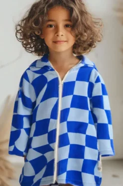 Kids Tidal Checker Hooded Towelling Robe 7-11Y|Back Beach Co Clearance