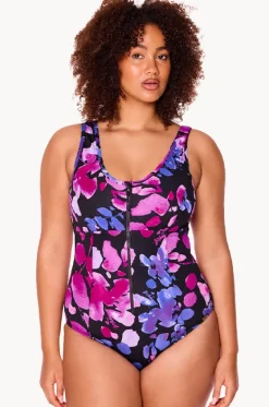 Paper Flowers Zip Front One Piece|Genevieve Best