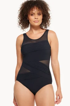 Plain Mesh Pleated High Neck One Piece|Togs Swimwear Online